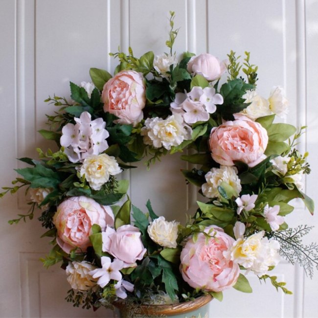 Artificial Flower Light Pink Peony Wreath Decorated for Hallowee Home Wedding Garden Party Decor Wreath Hanging Door Silk Flower