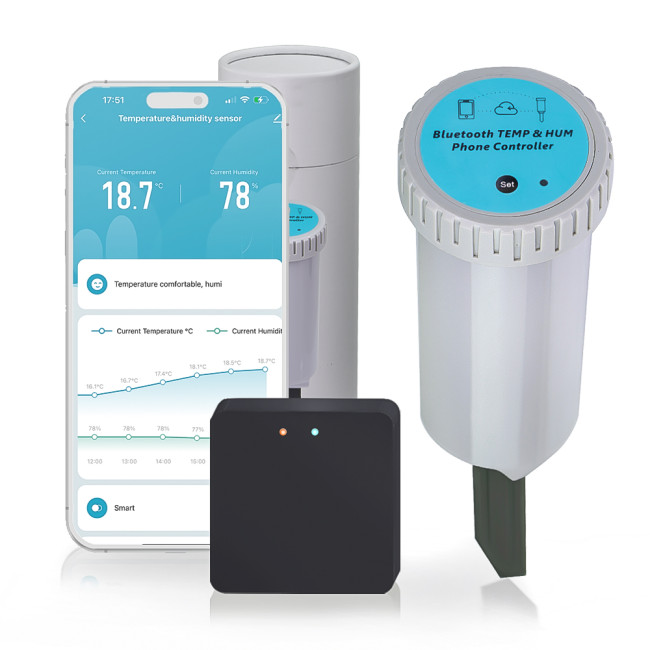 N335 Bluetooth Soil Moisture and Temperature Sensor with Gateway - 2-in-1 Smart Gardening Tool, Adjustable Data Reporting