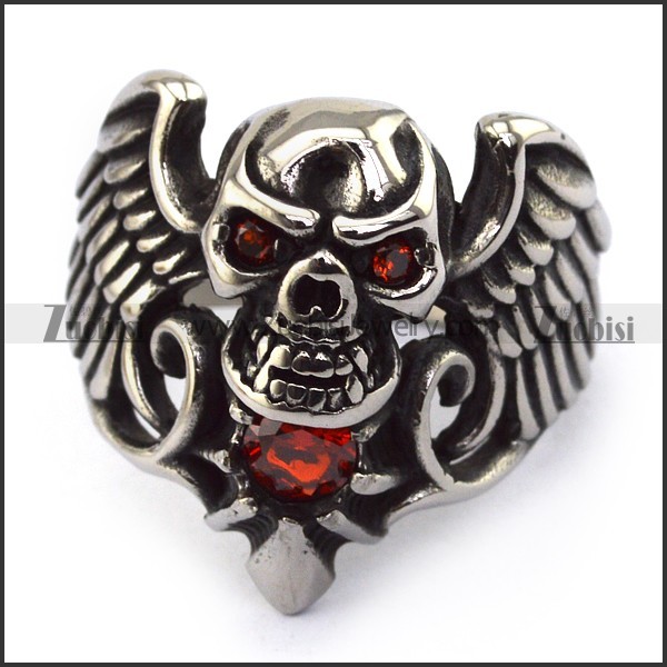 wing skull ring with red eye crystals r001606