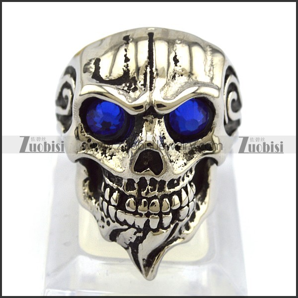 Blue Rhinestone Eyes Skull Ring with Beard r004324