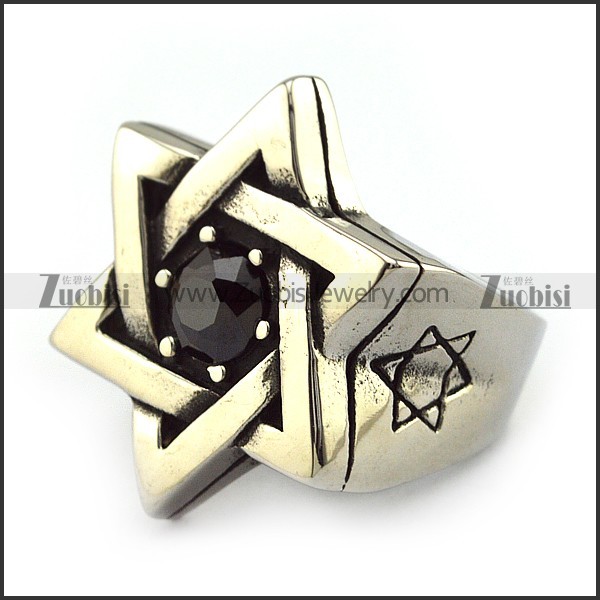 Hexagram Ring with Black Solid Zircon called Magen David Ring r001219