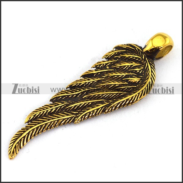 Retro Gold Stainless Steel Feather Pendant p003034
