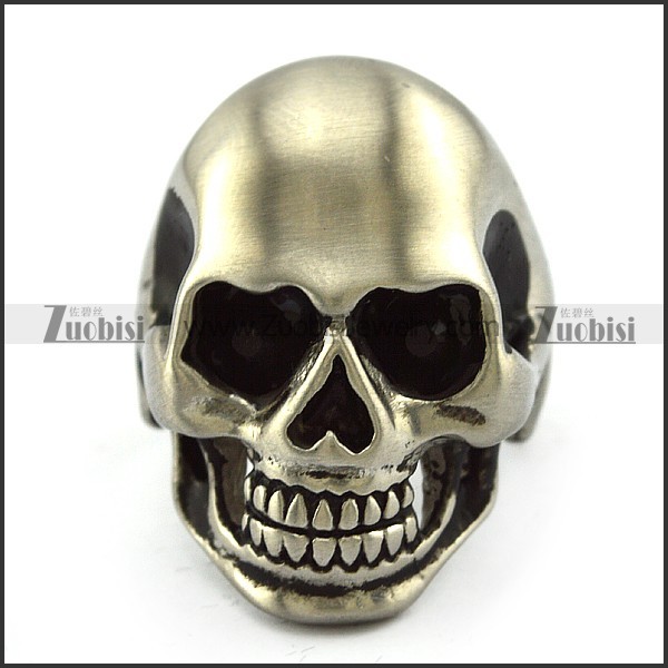 Dull Polish Stainless Steel Skull ring with 2 Dark Black Rhinestone Eyes r004286