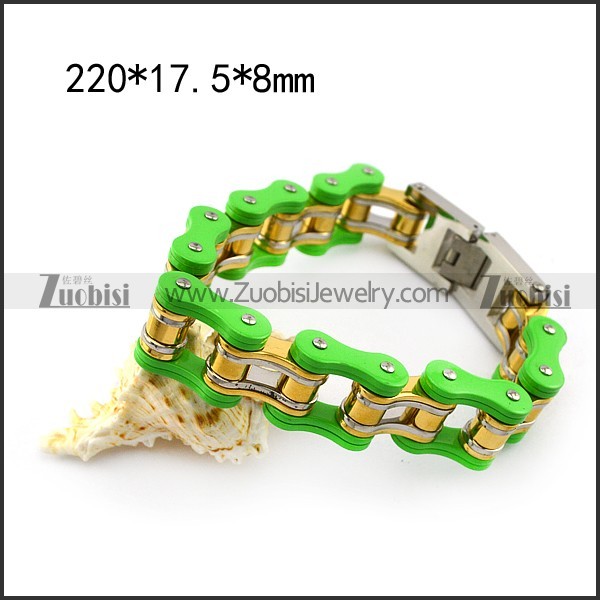 Large Green Outside and Gold Plating Inside Steel Bike Chain Bracelet b005812