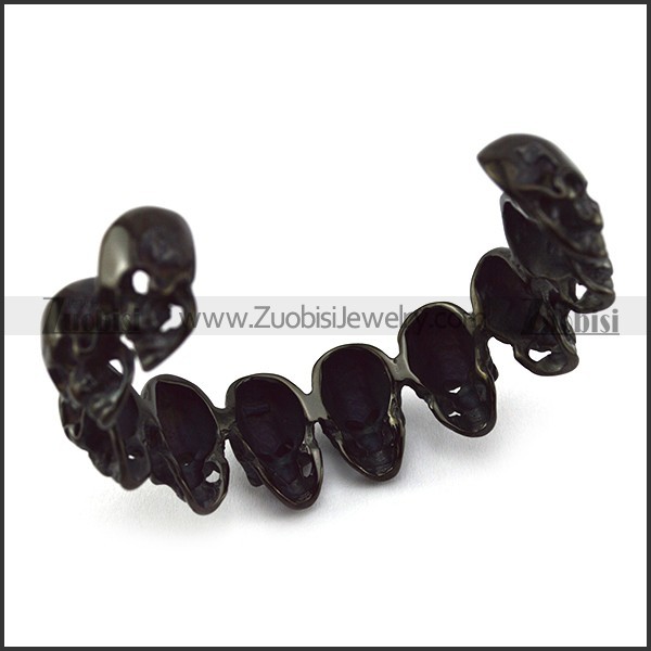 Black Stainless Steel Skull Bangle with 10 Skull Heads b005969