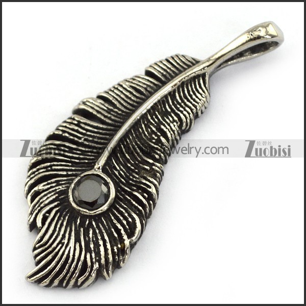 Carbon Black Rhinestone Feather Pendant in Stainless Steel p004215