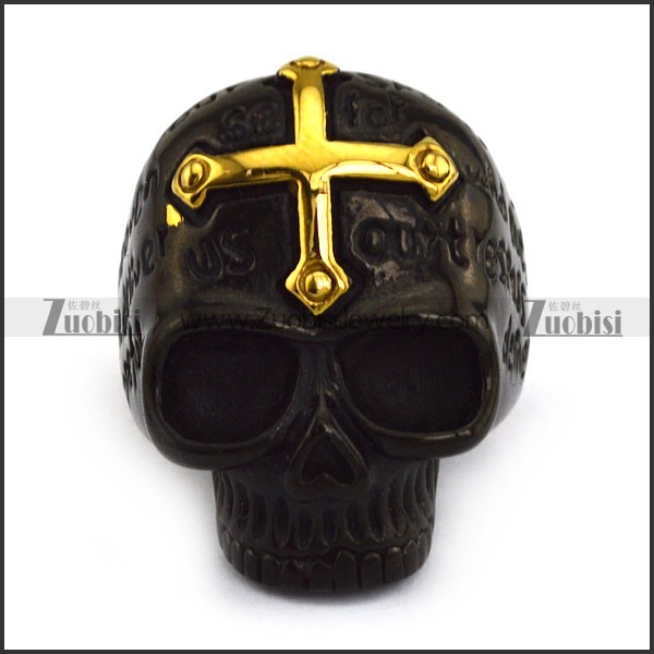 Gold Cross on the Forehead of Black Skull Ring r002954
