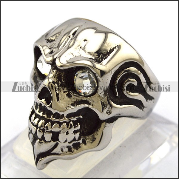 Clear Rhinestone Eyes Skull Ring with Beard r004325