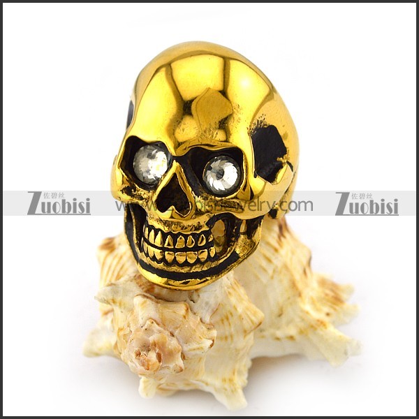 Vintage Gold Plating Steel Skull Ring with Crystal Rhinestone Eyes r004285