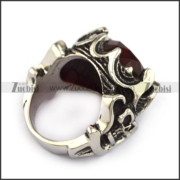 Stainless Steel Skull Engagement Ring with Clear Red Facted Stone r002705