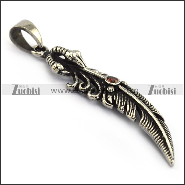 Red Rhinestone Stainless Steel Paw Feather Charm p004216