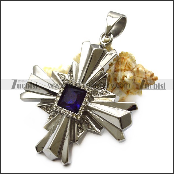 Big Rehinestone Cross Pendant with Blue Facted Stone p007041