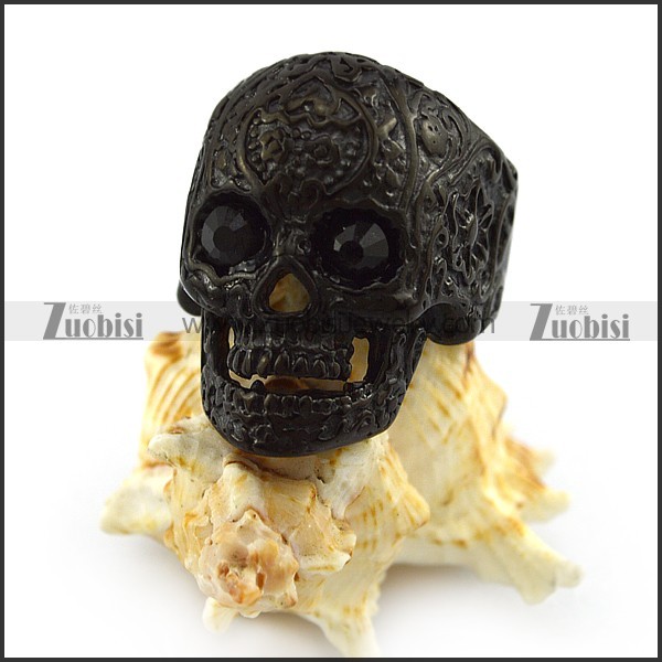 Black Rhinestones Eyes Flower Skull Ring r004309