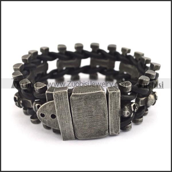 Antique Stainless Steel Leather Bracelet with Adjustable Buckle 3 Length b004325
