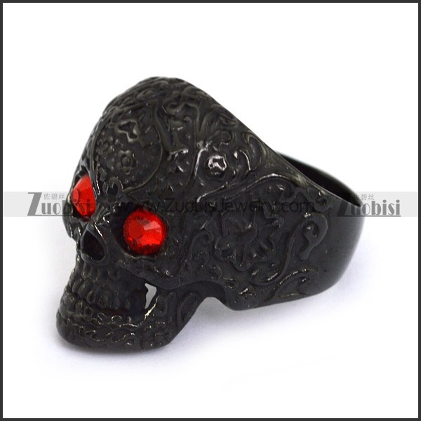 flame red eye black flower skull ring r002000