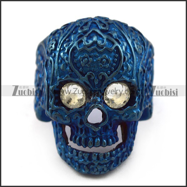 Clear Rhinestone Eyes Flower Skull Ring in Shiny Blue Plating r004312