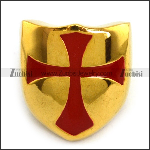Yellow Gold Stainless Steel Ring Enamel Red Cross r003853