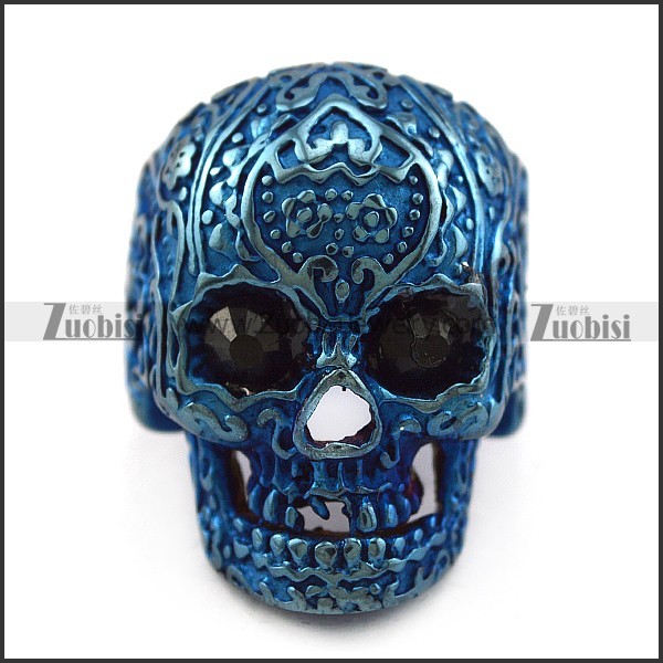 Blue Flower Skull Ring with 2 Faceted Black Rhinestones Eyes r004311