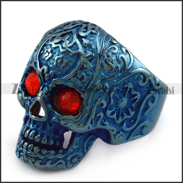 Dark Red Rhinestone Eyes Flower Skull Ring in Blue Finishing r004313
