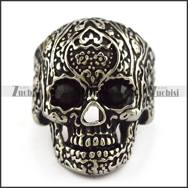 Dark Black Rhinestones Eyes Flower Skull Ring r004301