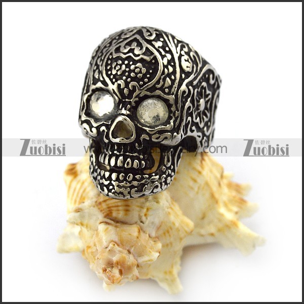 Clear Rhinestones Eyes Flower Skull Ring r004302
