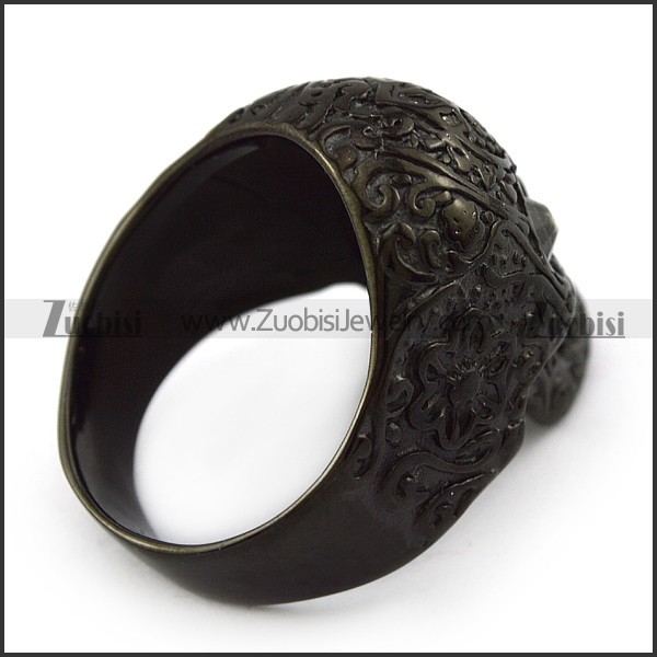 Black Plating Flower Skull Ring with 2 Clear Rhinestones Eyes r004310
