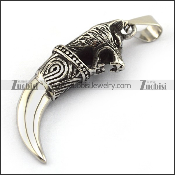 Solid Stainless Steel Wolf Head Tooth Pendant p003773