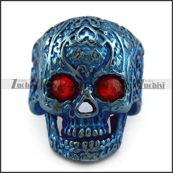 Dark Red Rhinestone Eyes Flower Skull Ring in Blue Finishing r004313