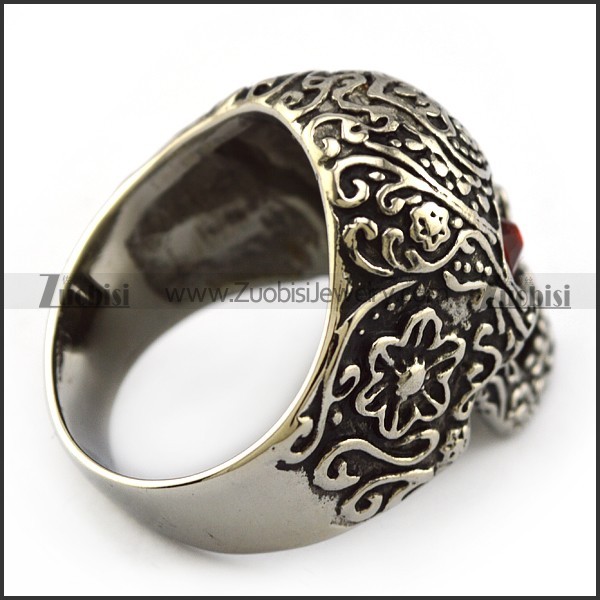 Dark Red Rhinestones Eyes Flower Skull Ring r004303