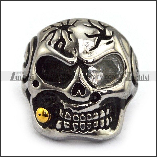 Rock Skull Ring with Big Clear Zircon Eye and Gold Plating Smoking Pipe JR500007