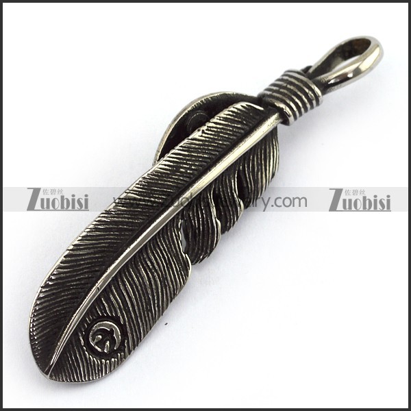 Retro Silver Stainless Steel Feather Pendant p002966