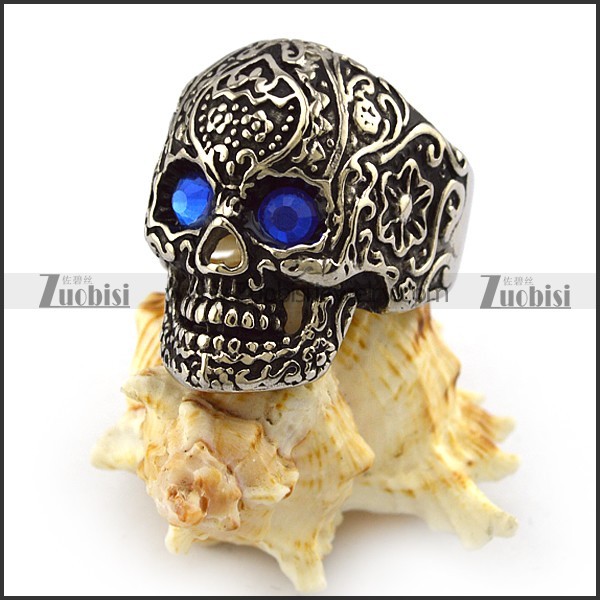 Antique Silver Stainless Steel Blue Eyes Flower Skull Ring r004304