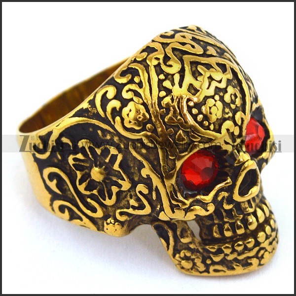 red-hot rhinestone eyes gold plating flower skull ring r002004