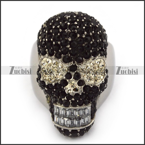 Black and Crystal Rhinestones Skull Ring for Women r003926