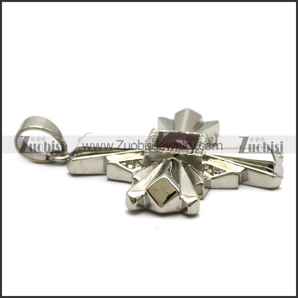 Silver Stainless Steel Cross Pendant with Square Faceted Red Stone p007039