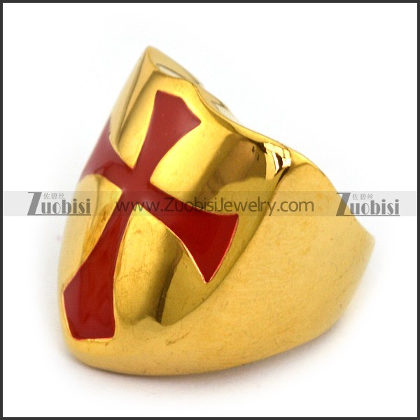 Yellow Gold Stainless Steel Ring Enamel Red Cross r003853