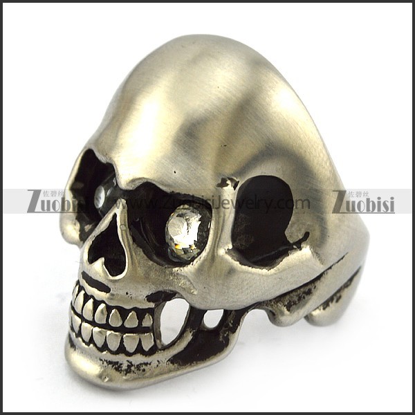 Dull Stainless Steel Skull Ring with 2 Clear Rhinestones Eyes r004287
