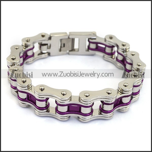 Silver Stainless Steel Bicycle Chain Bracelet with Purple Piece b004131