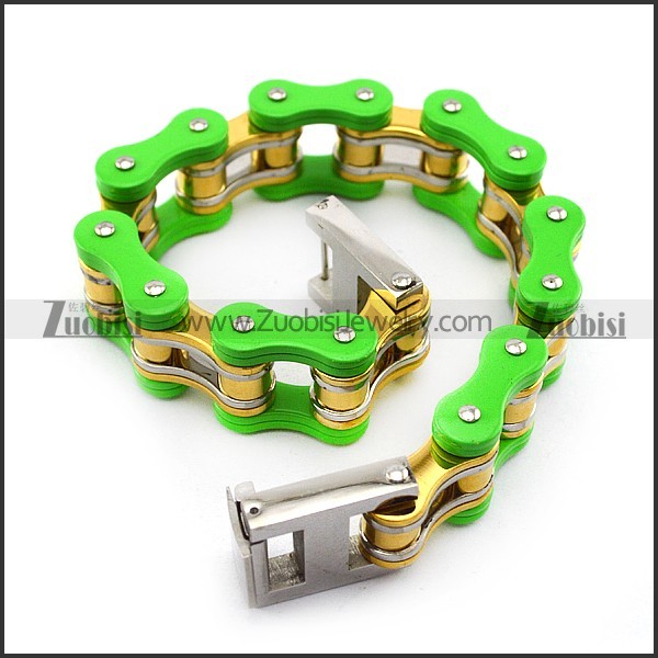 Large Green Outside and Gold Plating Inside Steel Bike Chain Bracelet b005812