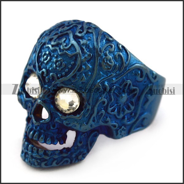 Clear Rhinestone Eyes Flower Skull Ring in Shiny Blue Plating r004312