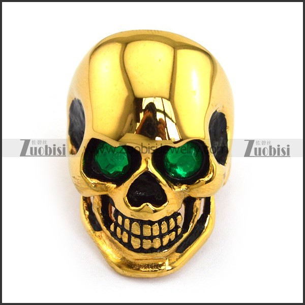 Skull Gold Ring in Stainless Steel with Green Stone Eyes r002010