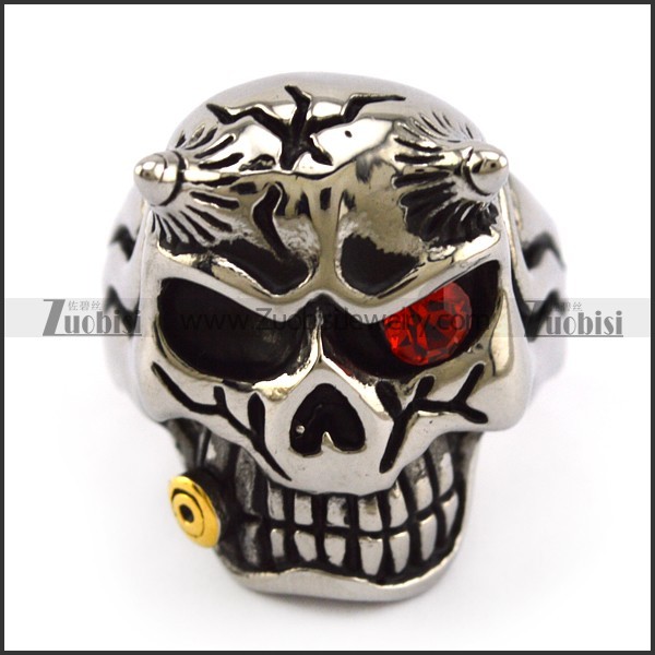 Solid Back One Red Crystal Eye Viking Skull Ring Biting Bullet r004913