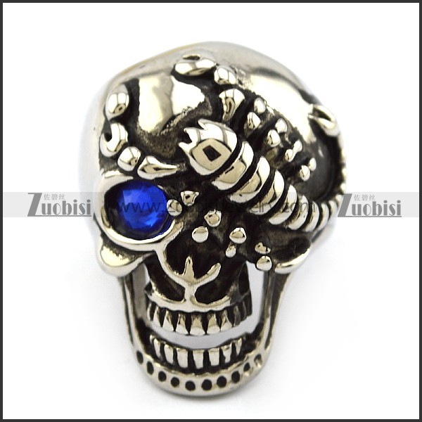 Blue Eye Scorpion Steel Skull Ring r004322