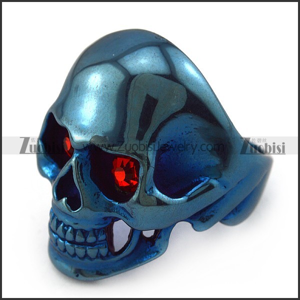 Shiny Blue Plating Stainless Steel Skull Ring with 2 Ruby Rhinestones Eyes r004292