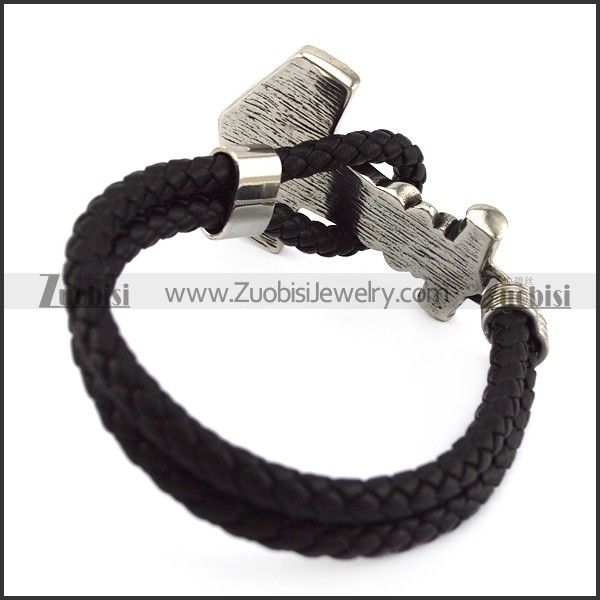 Viking Hammer Black Real Leather Bracelet b006299
