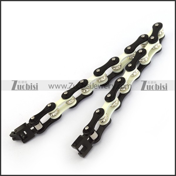 Dark Black and White Link Bracelet with Clear Crystals b005132