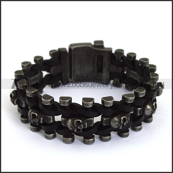 Antique Stainless Steel Skull Leather Bracelet b004614