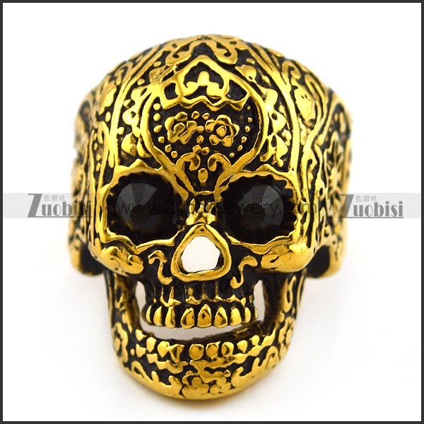 Vintage Gold Stainless Steel Flower Skull Ring with Black Eyes r004299