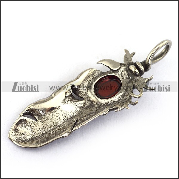 Clear Red Stone Stainless Steel Feather Pendant p003867