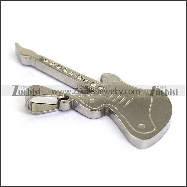 silver stainless steel guitar pendant with 9 rhinestones p001232